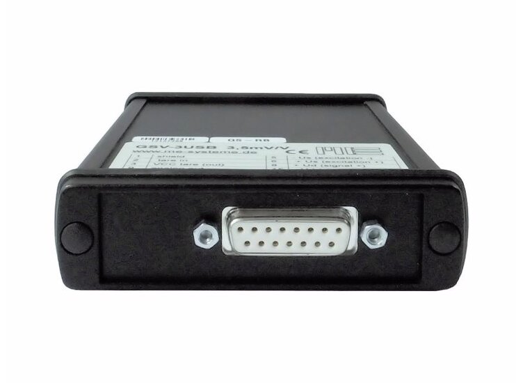 Messverstärker im Aluminium Gehäuse (IP54) für Sensoren mit Dehnungsmessstreifen. Grenzfrequenz 1250Hz, Eingangsempfindlichkeit 2,0 mV/V. Sensoranschluss über 15-polige Sub-D Buchse, USB-Schnittstelle