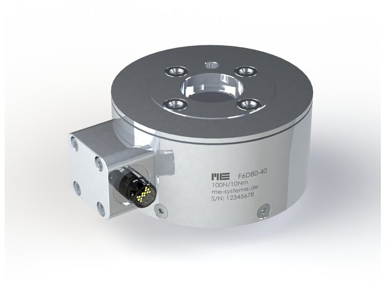 6-axis force- torque sensor with measuring range of 100N/10Nm, 300N/30Nm in the dimensions of Ø 80 mm x 40 mm. 6D Force sensor made in Germany order now directly at the manufacturer!